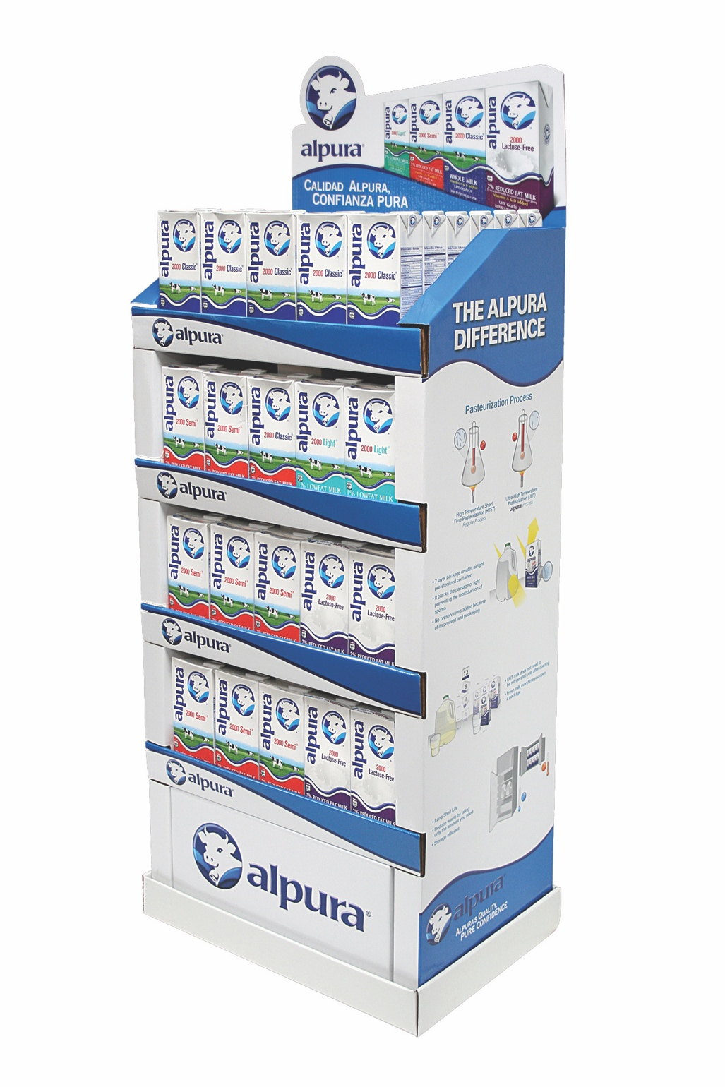 A packaging display for alpura dairy products.