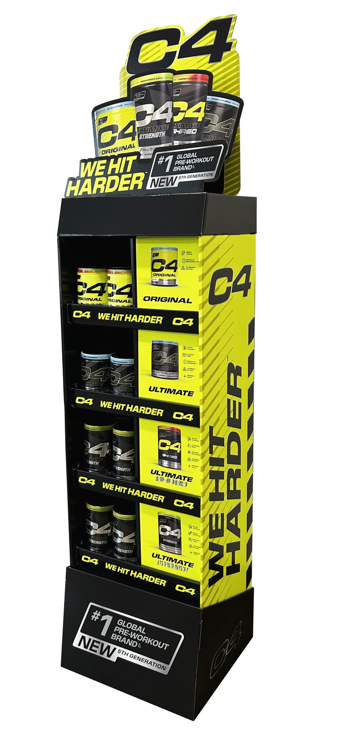 a yellow-and-black C4 supplements endcap display